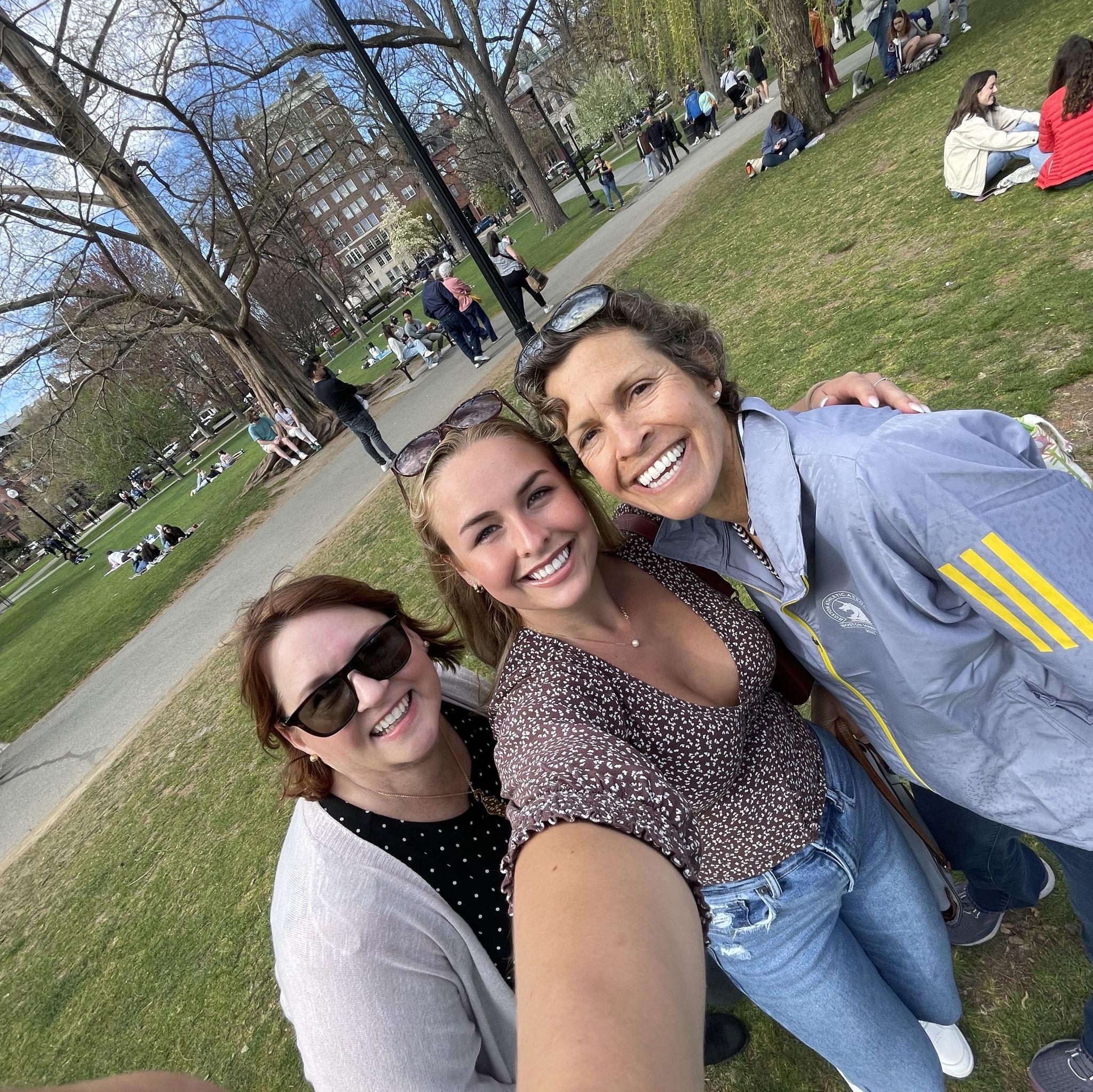 Apr 2023: Sam with both moms—Amy (Jackson’s mom, on the left) and Sally (Sam’s mom, on the right)—in Boston for Sally’s run in the Boston Marathon. This has become an annual trip for both families