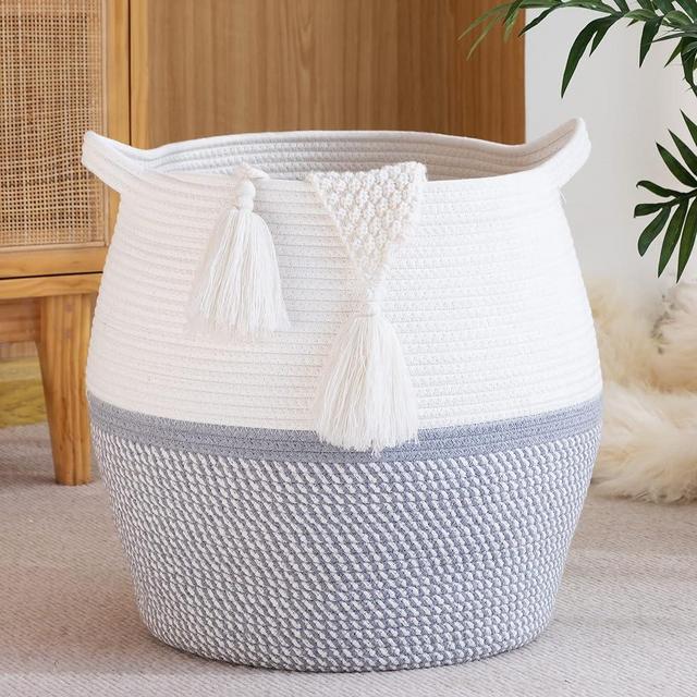 KAKAMAY Woven Baskets for Storage(17"x17"),Large Cotton Rope Basket Woven Baby Laundry Hamper,Collapsible Laundry Basket, Blanket Basket for Organizing Living Room,Nursery,Pillows,Toy Chest(Grey)