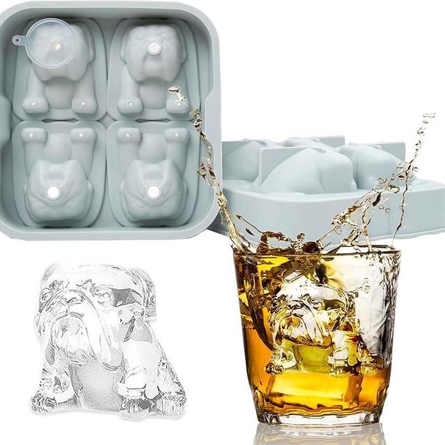 4 Cavity Bulldog Dog Shape Ice Cube Molds Reusable Silicone with Funnel for Whiskey Spirits Cocktails Bourbon Bulldog Gifts(Morandi Blue)