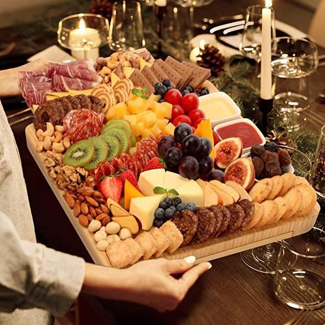 Charcuterie Board Set - FamRica Cheese Platter Board with 2 Drawers, Bamboo Cheese Tray Serving Board - for Parties, Engagement, Wedding, Housewarming, Birthday Gifts