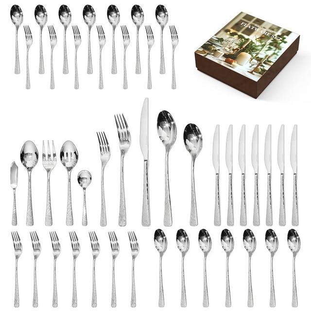 KINGSTONE Hammered Silverware Set, Flatware Set with Serving Utensils, 18/10 Stainless Steel Premium Cutlery with Unique Ripple Handles Design Mirror Polished - Dishwasher Safe (45-Piece)