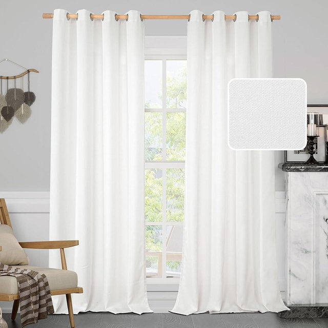 LAMIT White Linen Curtains 84 inch Length 2 Panels, Semi Sheer Light Filtering Privacy Neutral Panels Grommet Faux Linen Textured Opaque Drapes for Bedroom/Living Room, 52 x 84 Inch
