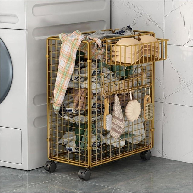 Iron Wire Laundry Hamper, Collapsible Clothes Hamper with Hooks and Baskets, Metal Rolling Laundry Cart for Bathroom(Golden)