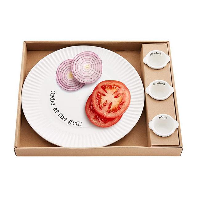 Mud Pie Grill Plate Condiment Boxed Set, 12" Dia | Ramekin 1 1/2" x 2 3/4" Dia, White