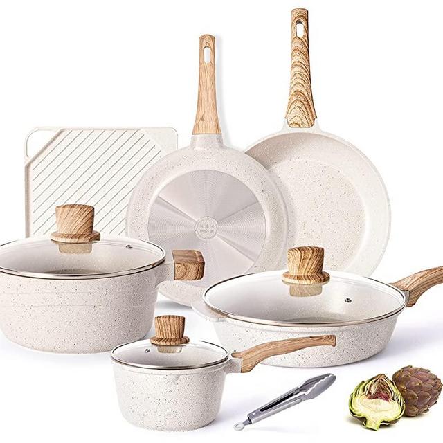 Pots and Pans Set - Caannasweis Kitchen Nonstick Cookware Sets Granite Frying Pans for Cooking Marble Stone Pan Sets Kitchen Essentials 10 Piece Set (Beige)