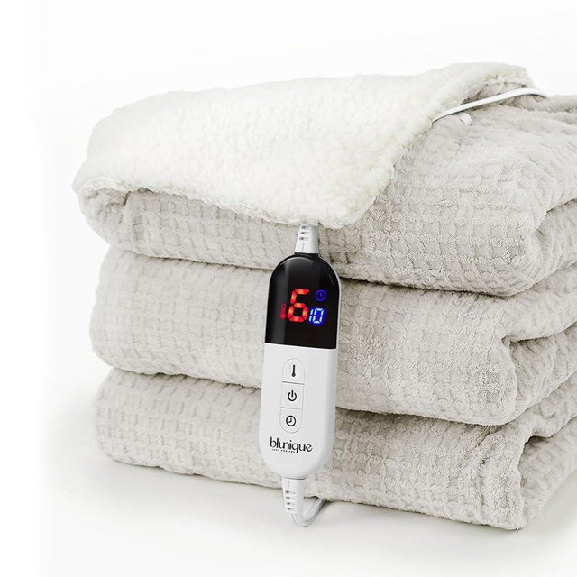 blunique Heated Blanket Electric Blanket Twin Waffle, 62x84 Inches Sherpa Fleece Fast Heating Blanket 6 Heating Levels & 10 Hours Auto Off ETL Certification, Light Gray Twin