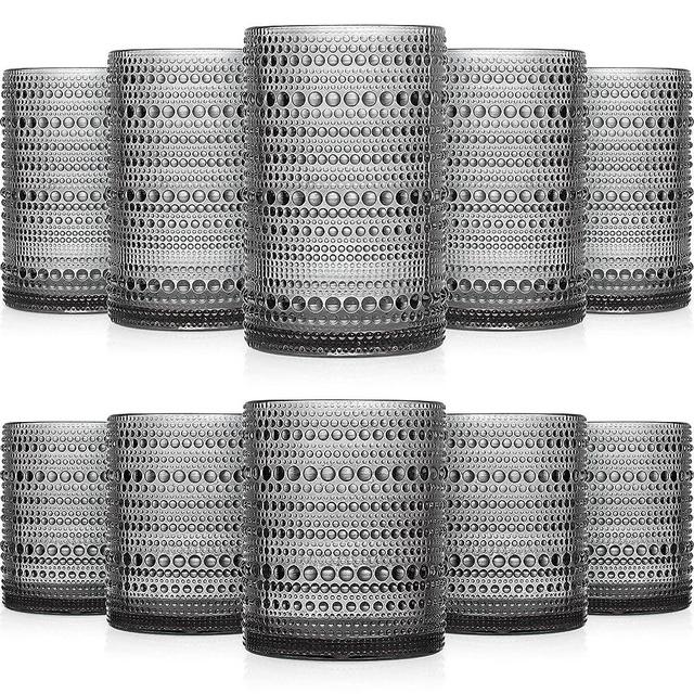 Foaincore 12 Count Hobnail Drinking Glasses Set Vintage Glassware Old Fashioned Beverage Glasses 6 Highball Bubble Cocktail 14 Oz, 6 Rocks Glass Cup 11 Oz Water Elegant Glassware (Gray)