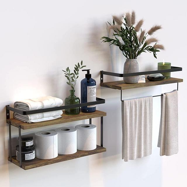 3 Tier Wall Mounted Floating Shelves Set of 2, Rustic Wood Wall Shelf with Metal Frame, Extra Storage Rack for Bathroom, Kitchen, Bedroom with Tissue Rack & Towel Bar