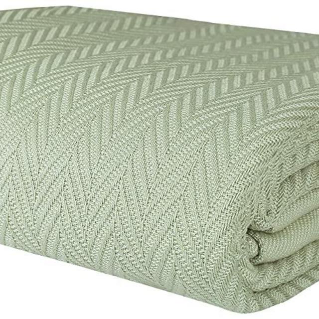 Threadmill Home Linen 100% Pure Cotton Blanket Herringbone Soft Breathable King Size Sage