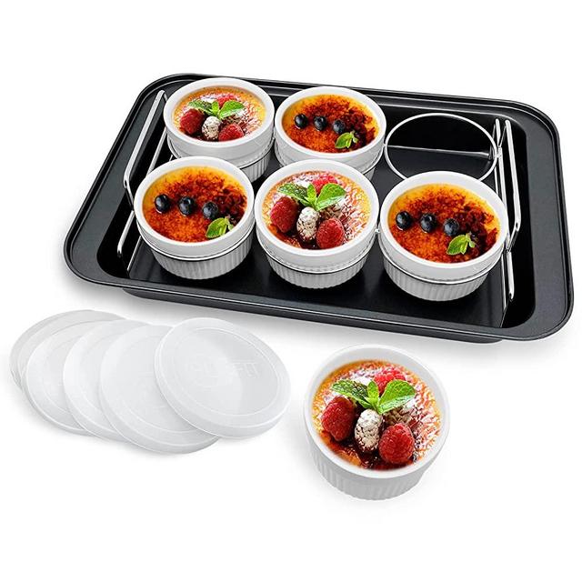 Ramekins Set with 6 Silicone Lids,Creme Brulee Making Set,304 Stainless Steel Lifting Rack and 10" X 14.6" Bottom Baking Pan, Set of 6 Porcelain Ramekins, Oven Safe Covered Bowls & Soufflé Ramiken