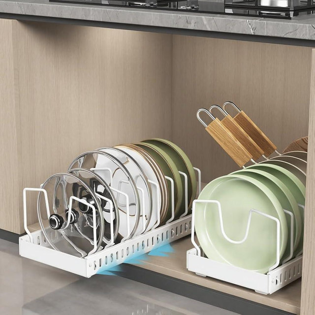 Pull-Out Pots and Pans Organizer, 2 Pack Under Cabinet Pot Lid Holder, Slide Lid Organizers Inside Cabinet, Pot Lid Organizer for Kitchen, Bakeware, Dishes, 8 Adjustable Dividers - White