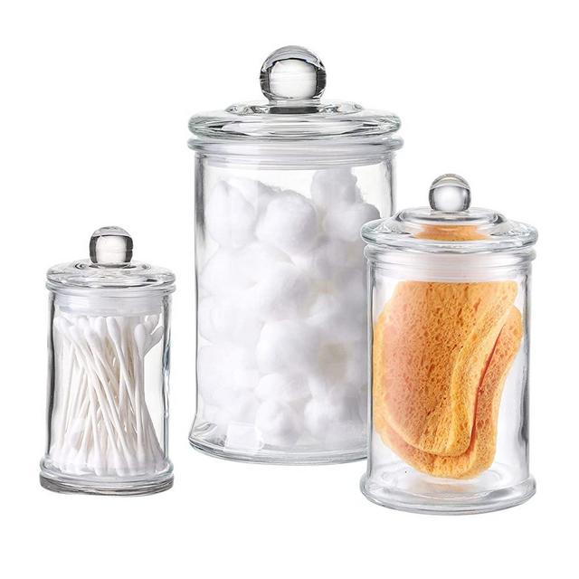 EAST CREEK Mini Glass Apothecary Jars-Cotton Jar-Bathroom Storage Organizer Canisters Set of 3(Cotton Balls, Swab and Cellulose Sponge Included)