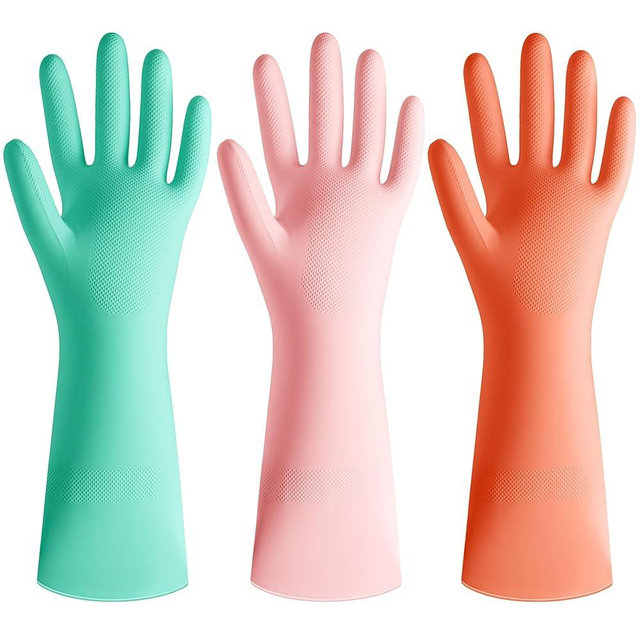Wsaeig Rubber Cleaning Dishwashing Kitchen-Gloves - 3 Pairs Colorful Dish Gloves,Reusable Rubber Gloves for Dishwashing