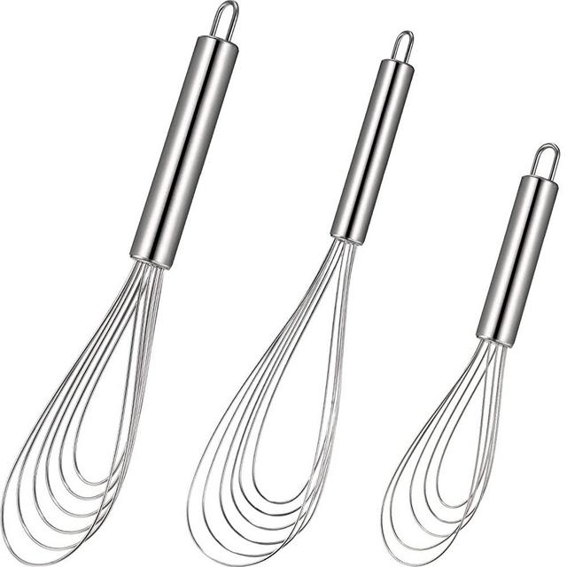 3 Pieces Stainless Steel Flat Whisk Handheld Steel Wire Whisk Egg Whisk for Whisking, Gravy Stirring, Dishwasher Safe
