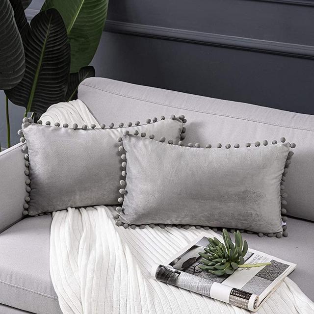 Ashler Throw Pillow Cases with Soft Pom Poms Velvet Plush Vibrant Elegant Cushion Covers, Pack of 2, Grey 12 x 20 inches 30 x 50 cm