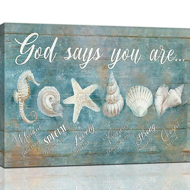 Ocean Beach Nautical Seashell Starfish Wall Art God Says You Are Wall Decor Rustic Shell Coastal Theme Pictures Canvas Prints Framed Modern Artwork for Home Living Room Bedroom Bathroom 16"x12"