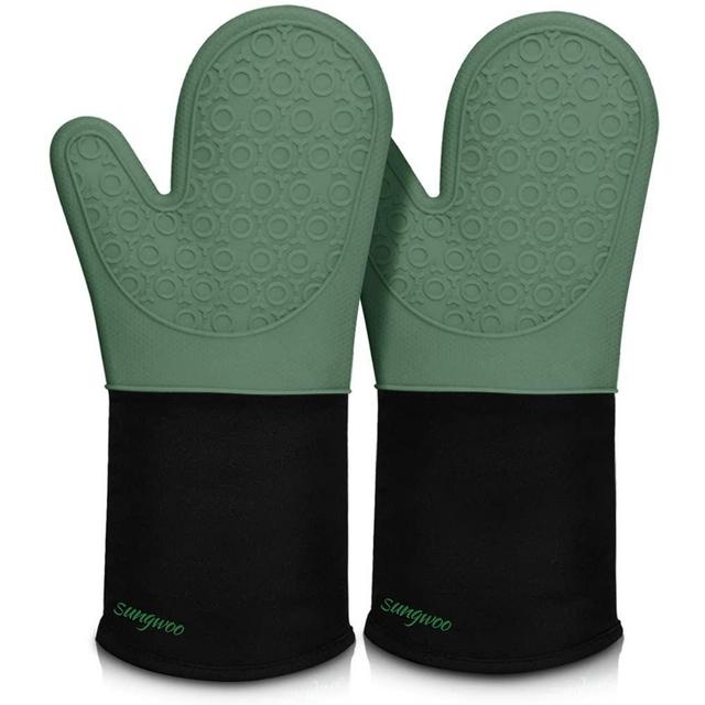 Extra Long Silicone Oven Mitts, sungwoo Durable Heat Resistant Oven Gloves with Quilted Liner Non-Slip Textured Grip Perfect for BBQ, Baking, Cooking and Grilling - 1 Pair 14.6 Inch Midnight Green