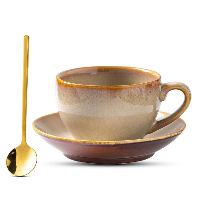 Tvvtuww Porcelain Coffee Cup with Saucer Spoon, Vintage Design Ceramic Latte Art Cappuccino Barista Espresso Tea Cup with Saucer (11.6 oz, 350ml, Honey Pomelo Yellow)