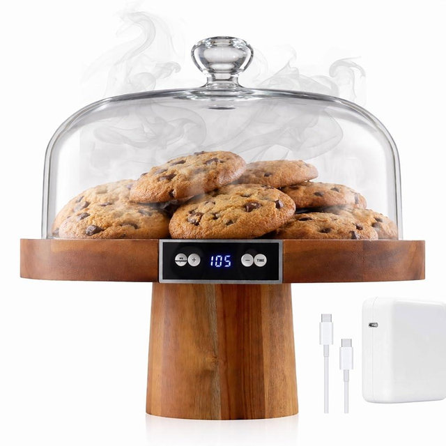 Velvera Heated Cake Stand with Dome, Cordless Food Warmer, Adjustable Temperature up to 180°F, Wooden Cake Display Stand for Cakes, Brownies, Pastries, Muffins & Cookies