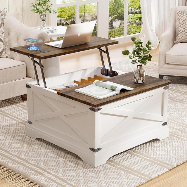 BROTTAR Lift Top Coffee Table with Storage, Square Coffee Table for Living Room with Wireless Charging, Farmhouse Coffee Table with Large Hidden Storage, White, 31.5"
