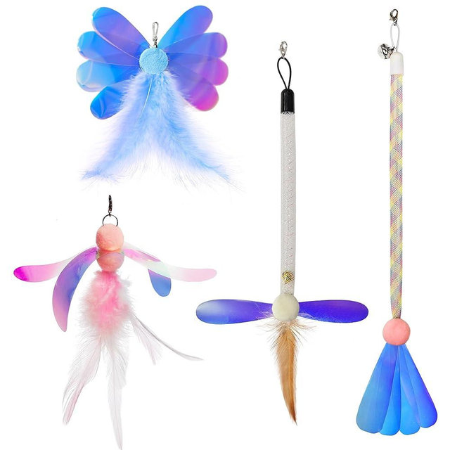 JXFUKAL Cat Feather Toy Refills, 4Pcs Simulation Butterfly Dragonfly Glitter Piece Feather Cat Lures Cat Wand Attachment Cat Toys Replacement for Kitty Kitten Indoor Cats Cat Accessories