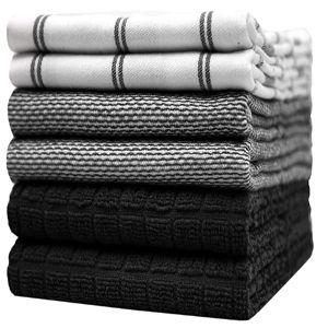 Premium Kitchen Towels (20”x 28”, 6 Pack) | Large Cotton Hand Towels | Flat & Terry Dish Towels | Highly Absorbent Tea Towels Set with Hanging Loop | Black Check