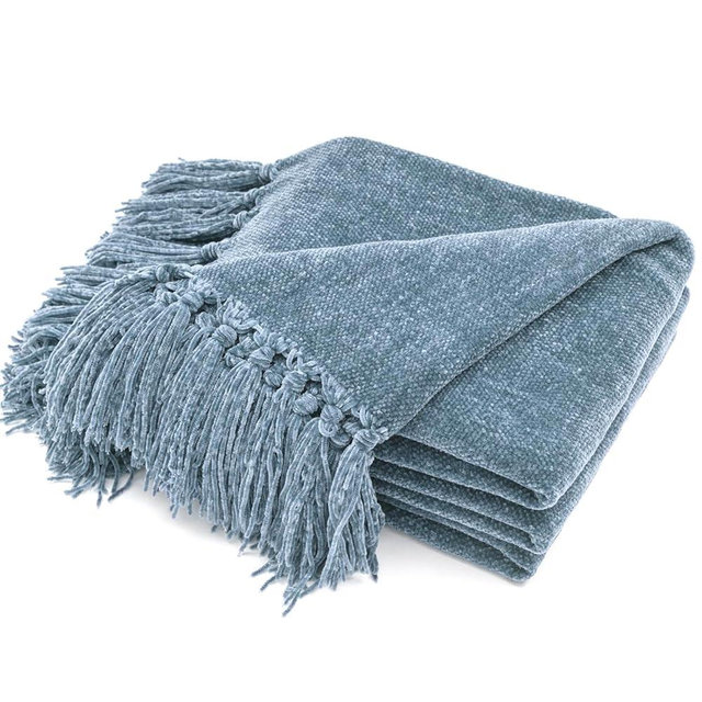 EVERGRACE Soft Chenille Throw Blanket for Couch, Cozy Plush Fuzzy Decorative Chenille Knit Throw Blanket with Tassels, Lightweight Blanket and Throws for Bed Sofa Gift Home Decor, Cloud Blue 60"x80"