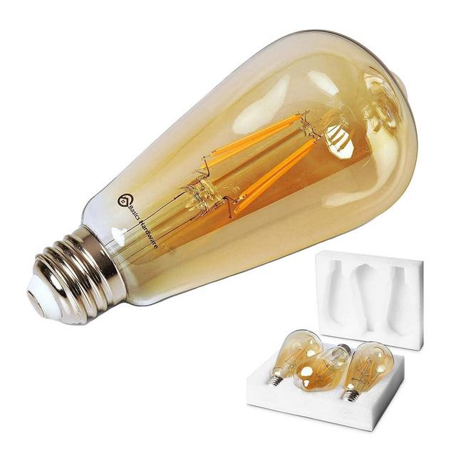 Basics Hardware LED Edison Light Bulbs - Dimmable Bulb, ST64 Vintage Warm Antique Style Decorative Lamp - 60W Equivalent, 110V, 480 to 700 Lumens, E26 Base Fixture - Amber Glass, Pack of 3