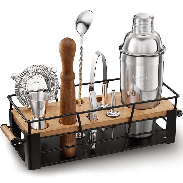 Mixology Bartender Kit with Stand - Drink Mixer Cocktail Shaker Set with Premium Bar Tools & 25 Recipe Cards - Bar Set for Home Bartending Kit - Unique Housewarming Christmas Gifts, Men Women Dad Mom