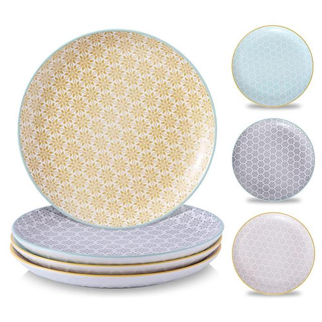 Peacehome Ceramic Dessert Plates Set: Set of 4 Round Stackable Porcelain Dinner Dessert Plates Set - Microwave, Oven, and Dishwasher Safe - Assorted Colors(7.4 inch)