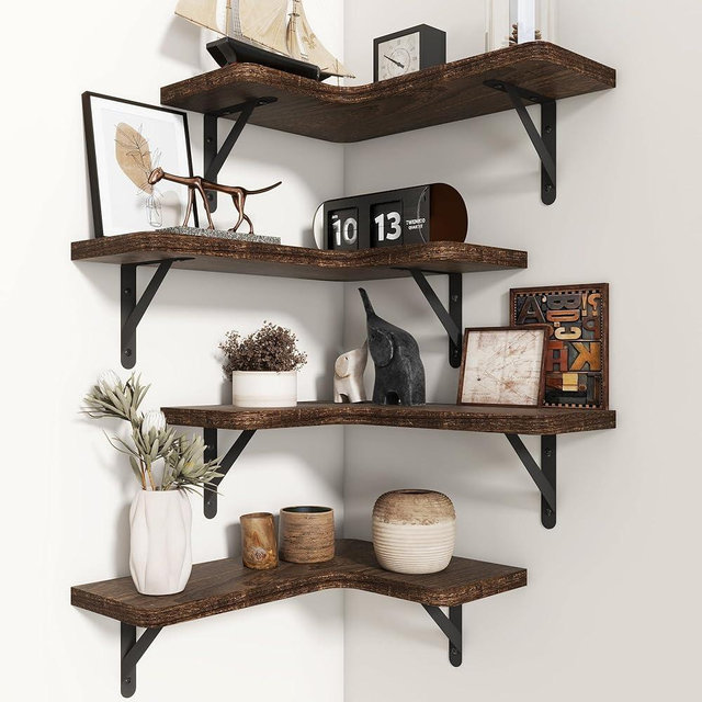 Venusmiles Corner Floating Shelves Set of 4, Wall Mounted L-Shaped Storage - Maximize Unused Corner Space in Bathroom, Kitchen, Bedroom, Office, Dark Carbonized