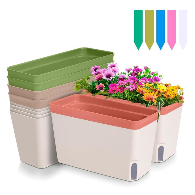 tchrules 6Pcs Window Planter Box for Herbs, 10.5 Inch Self-Watering Rectangle Indoor Herb Garden Pots with Drainage Holes, Colorful Windowsill Planter for Indoor Plants