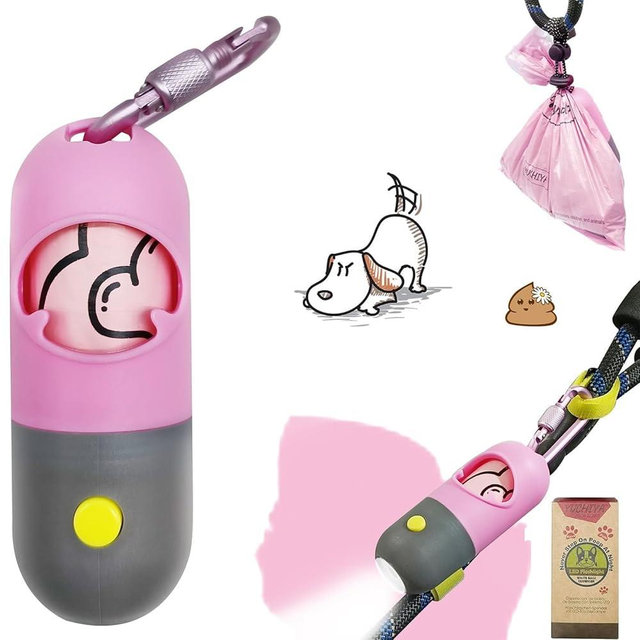 Dog Poop Bag Holder Dispenser with LED Flashlight - Night Visibility for Safe Evening Walks | Upgraded Hands-Free Leash Clip | Includes 15 Dog Waste Bags (Pink)