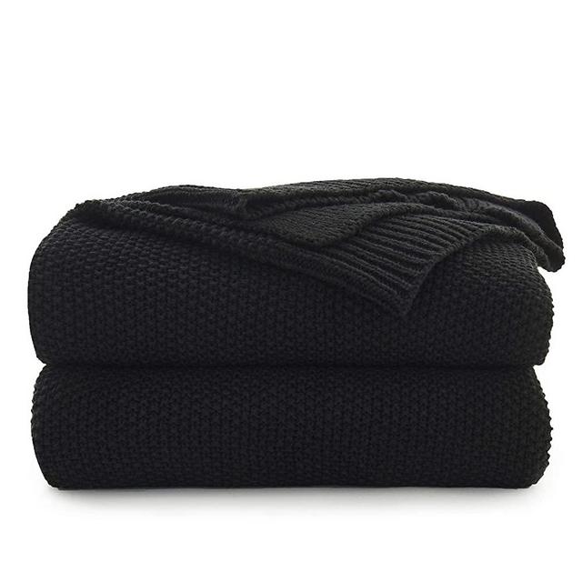Black Cotton Cable Knit Throw Blanket for Couch Sofa Chair Bed Home Decorative, 2.5 Pounds 50 x 60 Inch Woven Throw Blankets with Bonus Laundering Bag