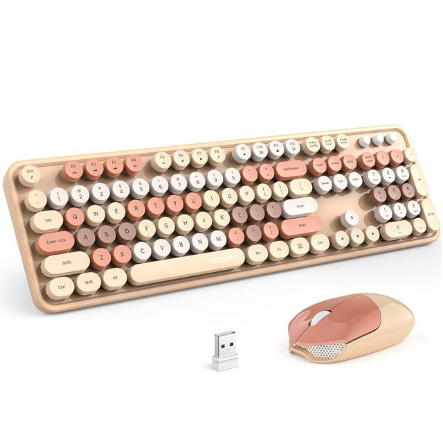 MOFII Wireless Keyboard and Mouse Combo,2.4GHz Retro Full-Size Keyboard with Number Pad and Cute Mouse for Computer PC Desktops Laptop WindowsxP/7/8/10(Milk Tea Colorful-B)