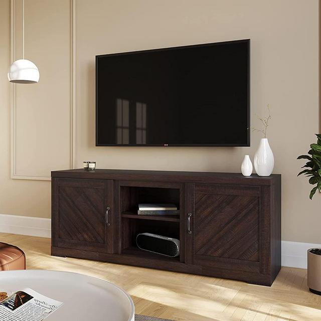 BELLEZE Modern Farmhouse TV Stand & Media Entertainment Center Console Table for TVs up to 65 Inch with Two Shelves and Storage Cabinets - Hilo (Espresso)