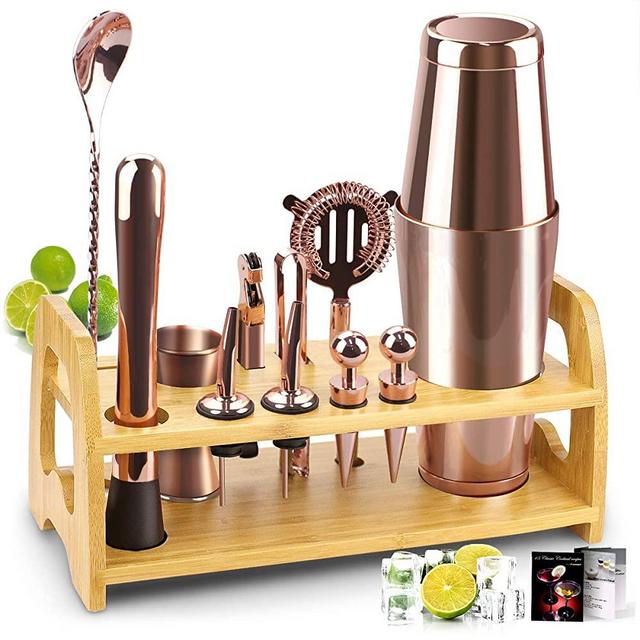Bartender Kit, 13 Pcs Boston Cocktail Shaker Stainless Steel Bar Set with 18oz/28oz Shaker Tins,Measuring Jigger, Spoon, Pourers, Muddler, Strainer, Tongs, Bottle Stoppers, Opener, Stand, Recipes