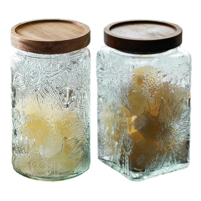 ANSQU Vintage Glass Storage Jar, Glass Canister Storage Jar Container with Airtight Wooden Lid for Kitchen Counter, Pantry, Coffee, Tea, Sugar, Cookie Jars (Round&Square-Sunflower)