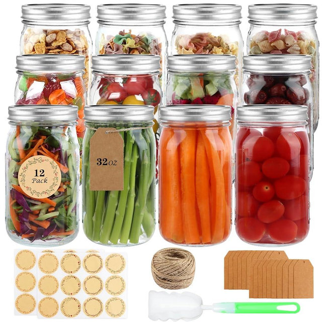 HWASHIN Wide Mouth Mason Jars 32 oz, 12 Pack Clear Glass Mason Jars with Airtight Lids and Bands, Quart Canning Jars for Preserving, Canning, Meal Prep, Pickling