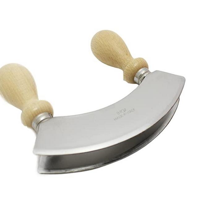 Double Blade Mezzaluna Stainless Steel and Wooden Handles.