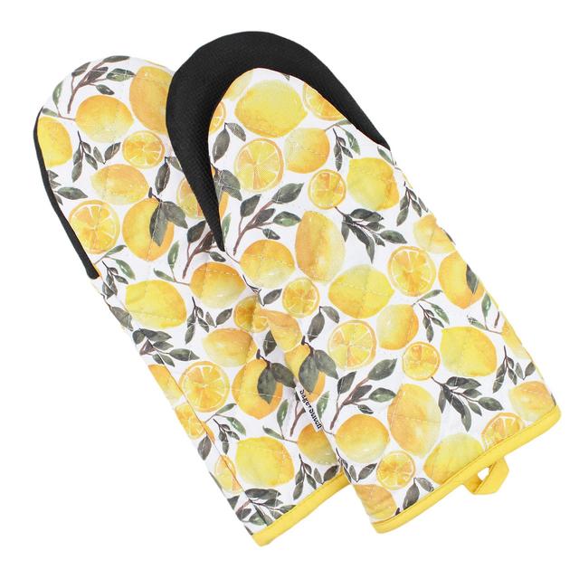 Sage and Stitch Kitchen Oven Mitts for Women 5.5'' x 12'' with Non Slip Heat Resistant Neoprene Grip and Hanging Loop Long Sleeve for Baking, Cooking, BBQ, 100% Cotton, Set of 2 - Yellow Lemons