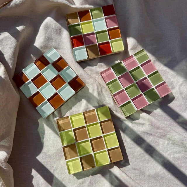 Muted Pastel Sunlit Neutral - Handmade Mosaic Glass Tile Coasters Set