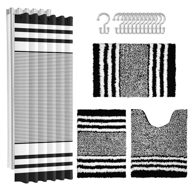 Britimes Black Stripes Bathroom Sets with Shower Curtain and Rugs, Ombre Minimalist Modern Striped Waterproof Shower Curtain Liner and Soft Non Slip Bath Mat for Bathroom Decor and Accessories Hooks