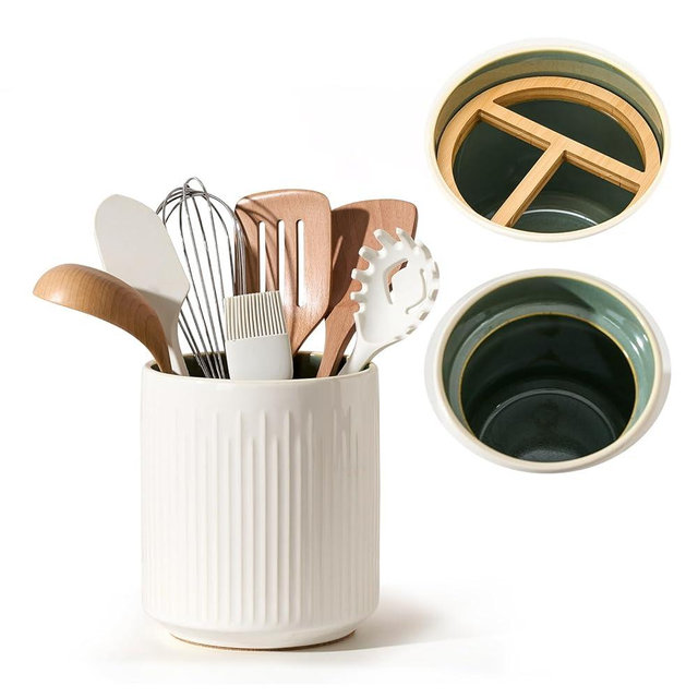 JIEMEI HOME Kitchen Utensil Holder, 7.2" Large Ceramic Stable Utensil Crock for Countertop, Utensil Organizer with Cork Mat, Removable Bamboo Divider for Easy, Kitchen Decor, White & Green