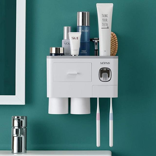MOPMS Multifunctional Self Adhesive Toothbrush Holder, Automatic Toothpaste Dispenser Space Saving Toothbrush Organizer - 2 Cups