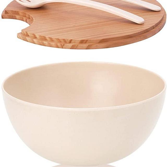 8PCS Large Salad Bowl Set（6 Quart）with Lid and Servers, Extra Large Serving Bowl Set, Mixing Bowl Set with Wooden Cutting Board - Bamboo Fiber Material Perfect for Salad Fruit Pasta, Beige