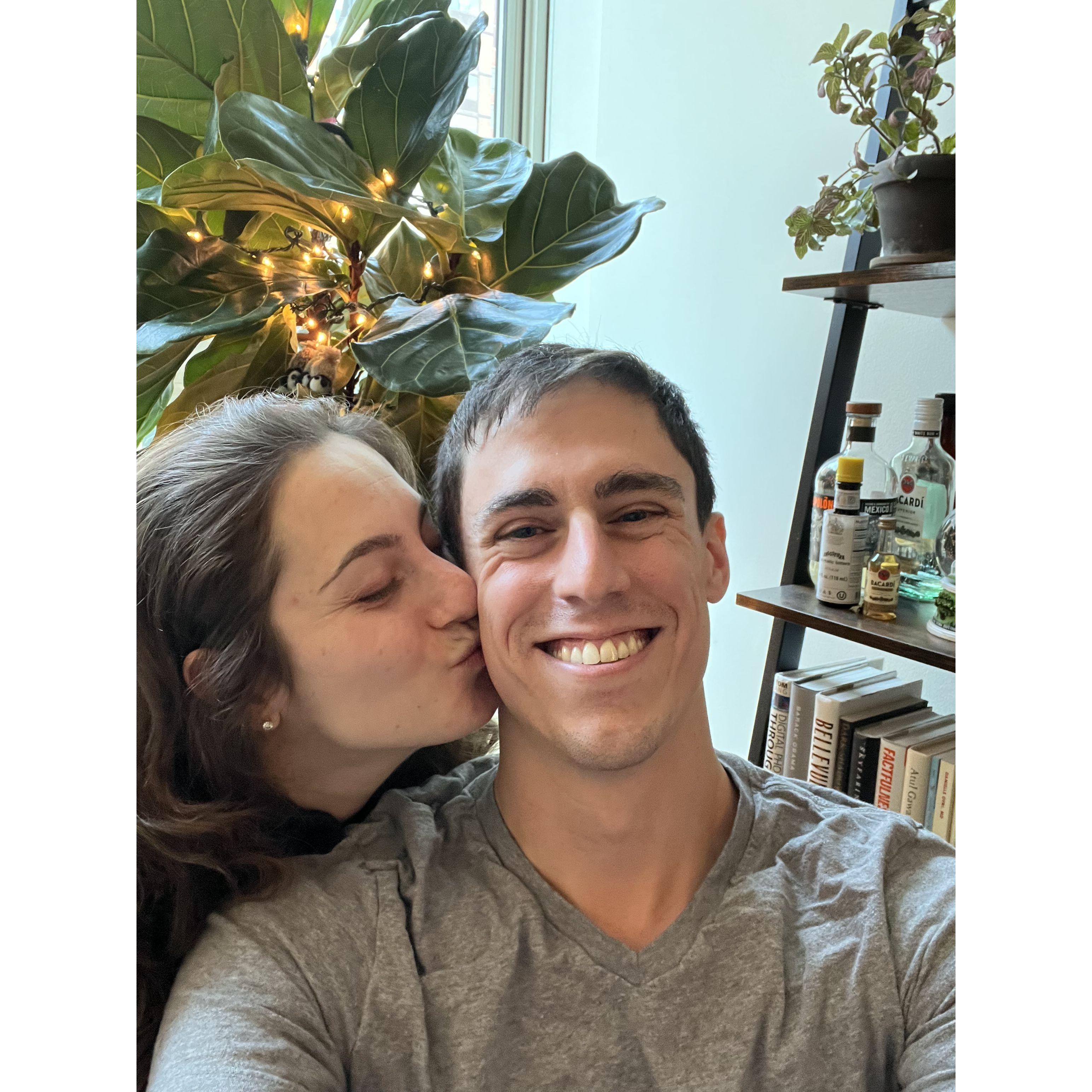 Our first Christmas after moving in together. We weren't able to fit a Christmas tree, so had to settle with decorating our Fiddle Leaf Fig