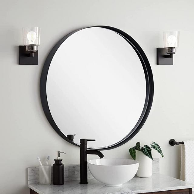 Clavie Wall Mirror, 30 Inch Black Round Mirror, Metal Framed Bathroom Mirror, Wall Mounted Circle Mirror for Living Room Bedroom Entry, Vanity Mirror of Modern Style