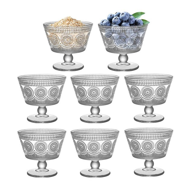 Vintage Glass Dessert Bowls, Set of 8, 9oz Glass Ice Cream Sundae Cups with Sunflower Pattern Glass Dessert Cups, Ideal for Ice Cream, Sorbet, Fruit, Snacks, Yogurt, and Appetizers (8)