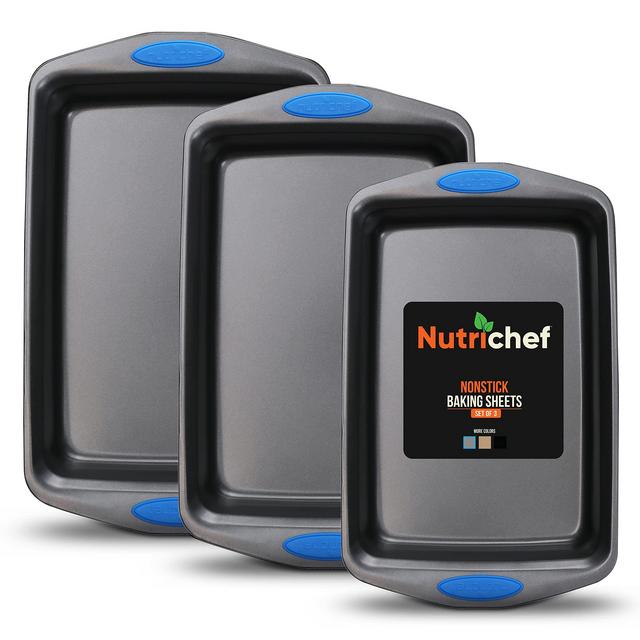 NutriChef 3-Piece Baking Pan Set - PFOA, PFOS, PTFE Free Flexible Nonstick Gray Coating Carbon Steel Bakeware - Professional Home Kitchen Bake Cookie Sheet Stackable Tray w/ Blue Silicone Handles